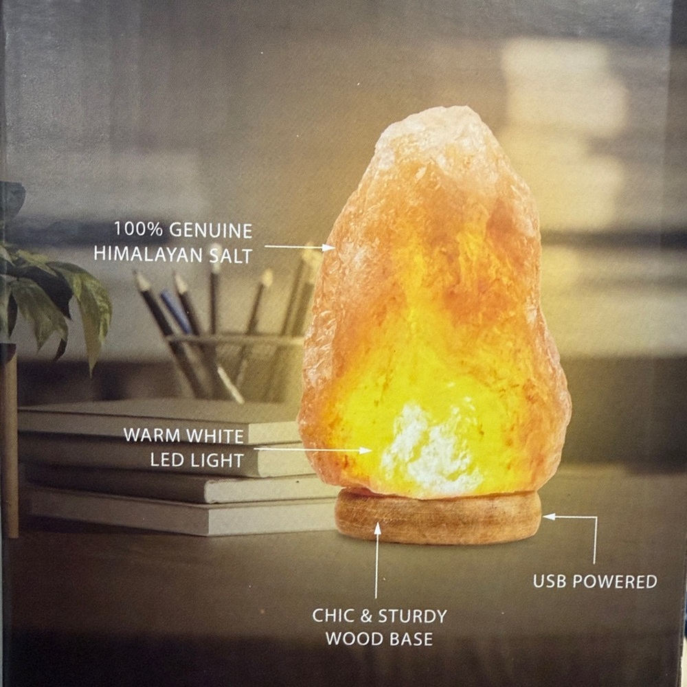 BROOKSTONE HIMALAYAN SALT LAMP WITH WOODEN BASE NEW